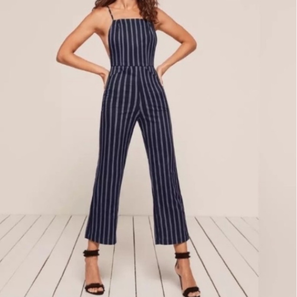 Reformation Navy Blue and White Striped Jumpsuit